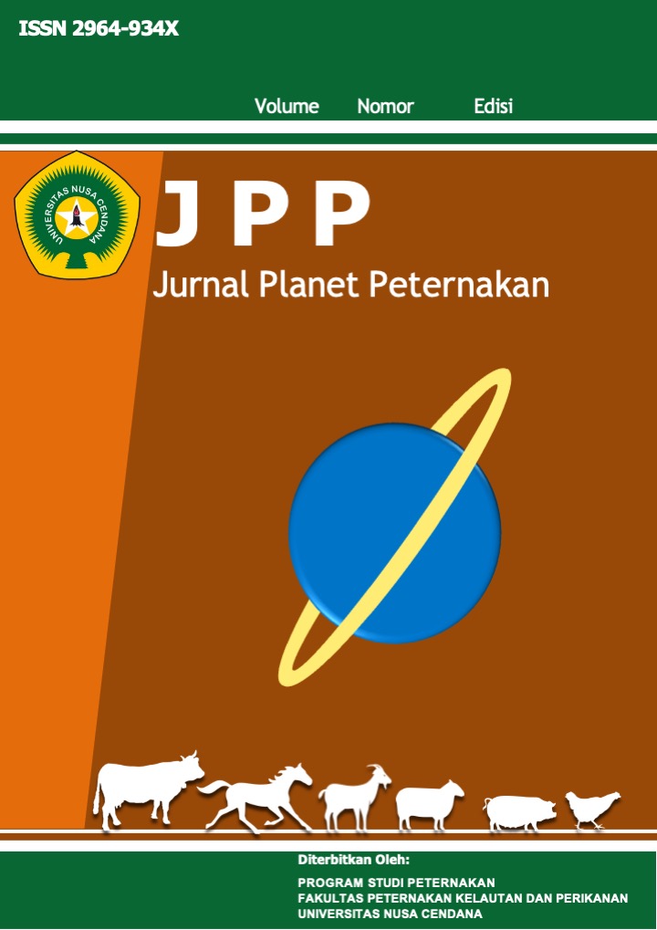 Jurnal Planet Peternakan (JPP), eISSN 2964-934X, merupakan Jurnal Ilmiah yang diterbitkan secara berkala oleh Program Studi Peternakan, Fakultas Peternakan, Kelautan dan Perikanan, Universitas Nusa Cendana, yaitu pada bulan Mei dan November. Jurnal Planet Peternakan menerbitkan semua kajian dalam aspek peternakan (pakan, produksi, reproduksi, teknologi peternakan, ekonomi dan kebijakan peternakan) dan aspek lain yang berkaitan dengan peternakan. Artikel yang dikirimkan adalah artikel yang belum pernah dipublikasikan dan tidak dikirimkan ke jurnal lain pada saat bersamaan dengan ke JPP.